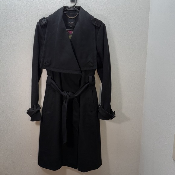 Ted Baker Lorili Size 3 US 8 Black Wool Cashmere Trench Coat Belted Old Money